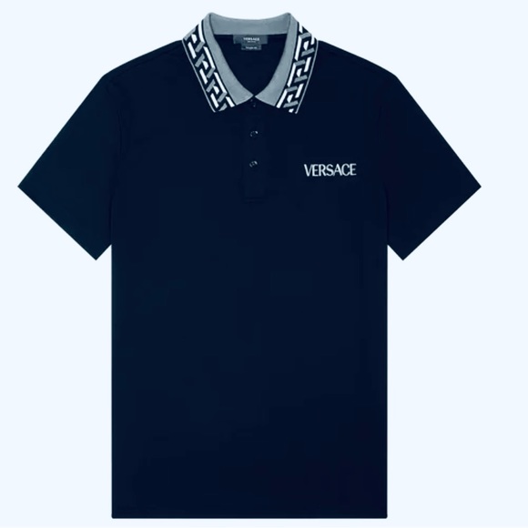EUC Men’s Size X-Large Versace La Greca Slim-fit Accent Polo Short In Dark Navy - Picture 1 of 14